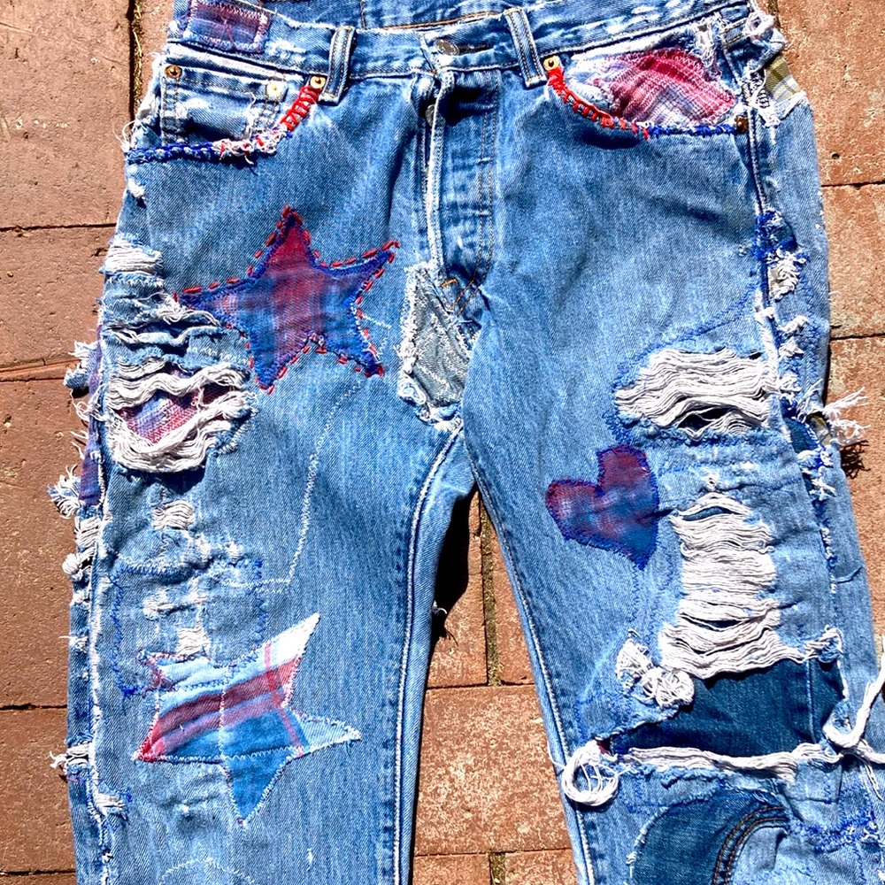 501 Jeans Upcycled Patched Thrashed 29 x 34 - Picture 3 of 14